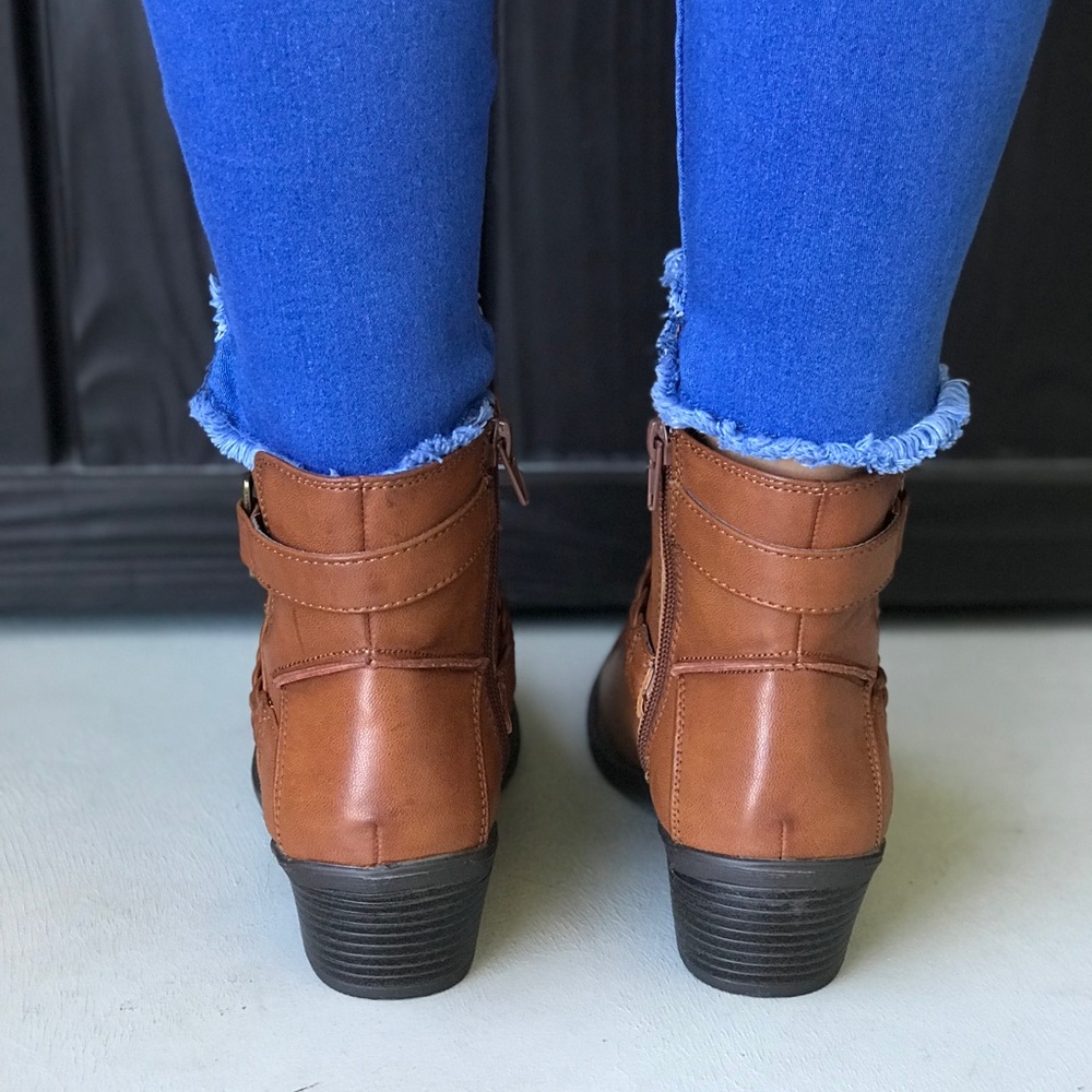 Cognac Western Flair Braid Buckle Boho Ankle Boots - Picture 3 of 7
